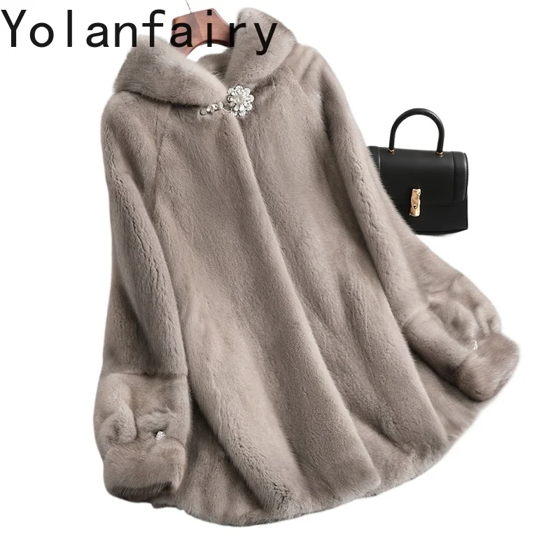 

YOLANFAIRY Brand Natural Fur Coat Woman Winter Mid-length Whole Mink Fur Jacket Women's Clothing Hooded Warm Fur Coats Elegant