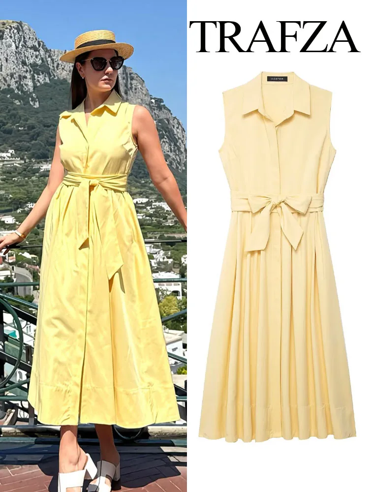 

TRAFZA Woman Chic Pockets Sleeveless Solid Lapel Dress Women Elegant Single-breasted Pleated Midi Belt Shirt Style Summer Dress