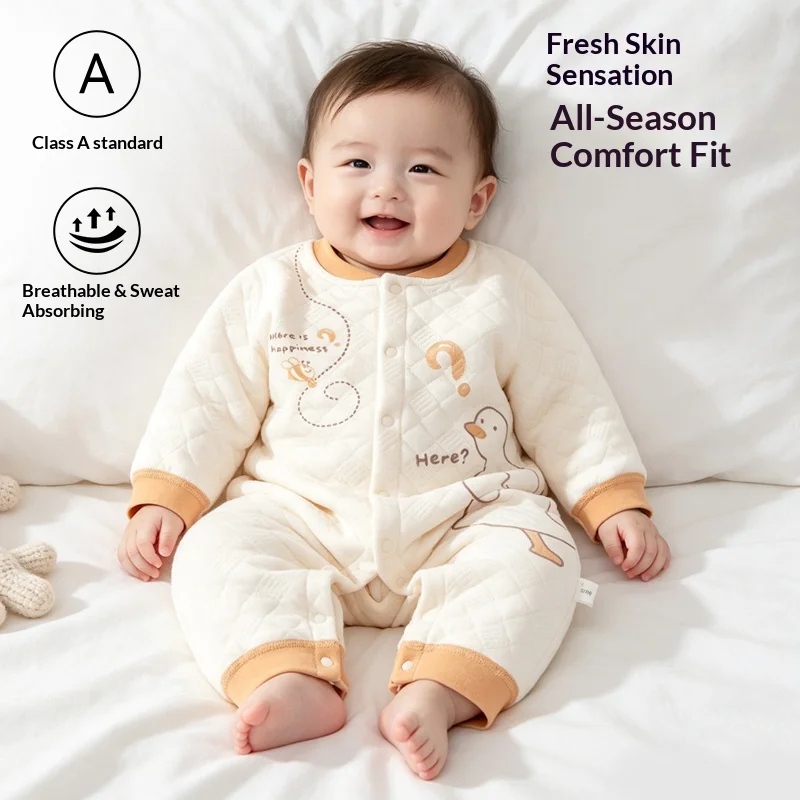 Baby Thick-Quilted Cotton Romper, Warm Winter One-Piece Pajamas, Cozy Full-Sleeve Sleepsuit for Infants