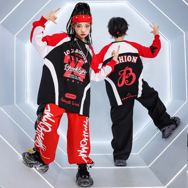 Boys Hip Hop Streetwear Sets K-pop Contrast Sweatshirt Cargo Pants for Kids Street Dance Clothes Girls Jazz Costume