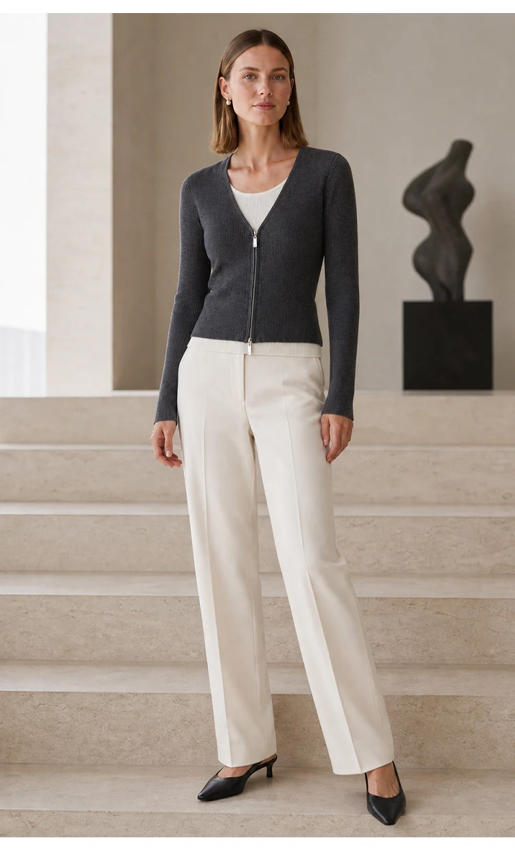 MZ62017 Elegante Damen-Strickjacke mit Reißverschluss, V-Ausschnitt, Langen Ärmeln und Kontrastbesatz aus Modal-Mischung, Mehrlagiges Strickoberteil für Herbst und Winter – Detail 9