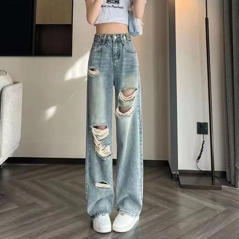 Ripped Jeans Women's 2026 Spring Autumn New High Waist Loose Wide Leg Mopping Straight Denim Pants Trousers