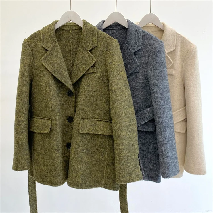 Dwustronny kaszmirowy płaszcz damski Krótki garnitur Płaszcze z wełny alpaki Zimowe damskie koreańskie płaszcze wełniane jednorzędowe z paskiem