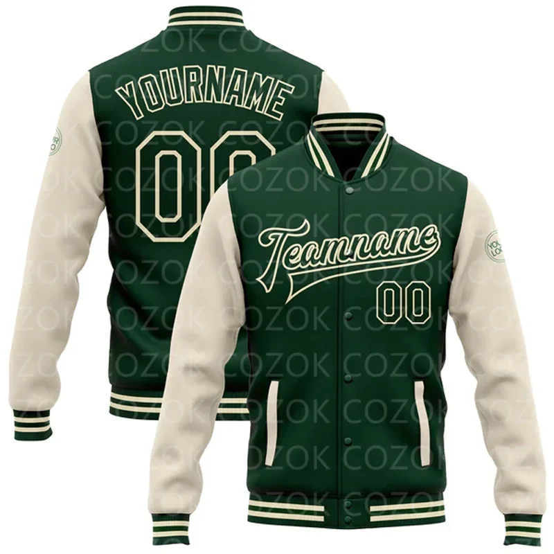 Custom Green and beige 3D Printed Baseball Button Jacket Bomber Full-Snap Varsity Letterman Jacket