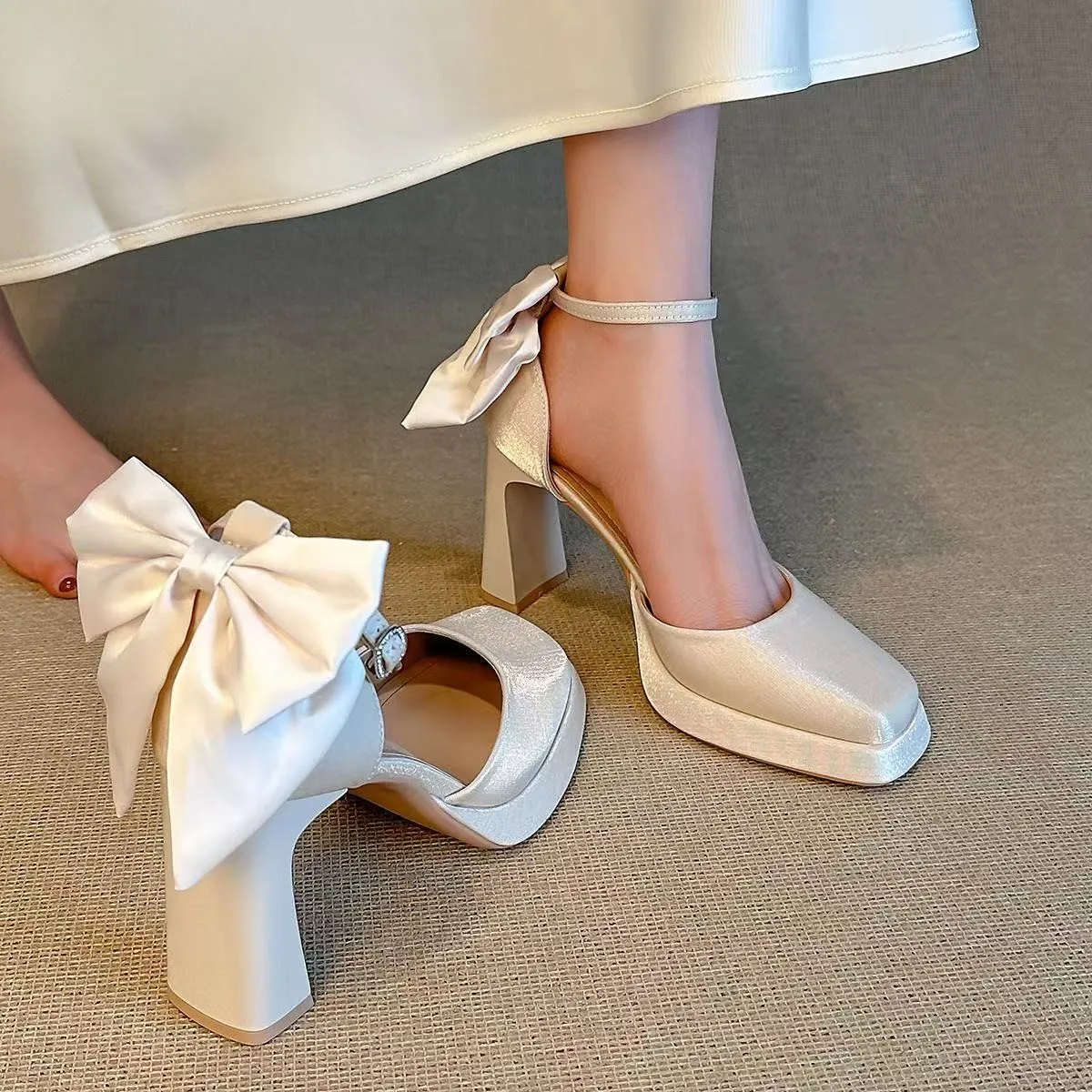 Romantic French-style High-heeled Mary Jane Shoes 2026 Summer with Skirts,square-toe Little Fairy Bow Thick-heeled Women's Shoes