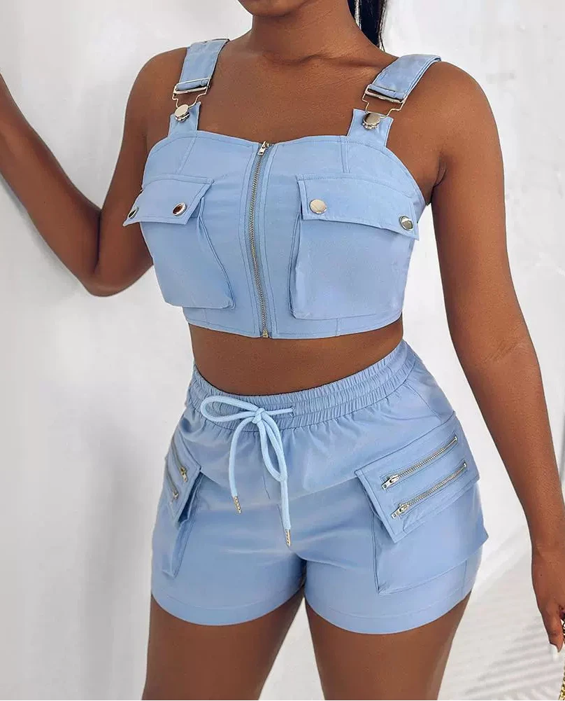 

Womens Two Piece Sets Outfit Sexy Elegant Snap Button Pocket Design Cami Top & Fashion Zipper Design Shorts Set 2024 Summer