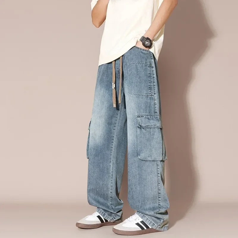 

Men's New Loose Straight Cargo Jeans Stretch Waist Retro Blue Black Smoke Gray Jeans Fashion High Street Men's Pants joggers men