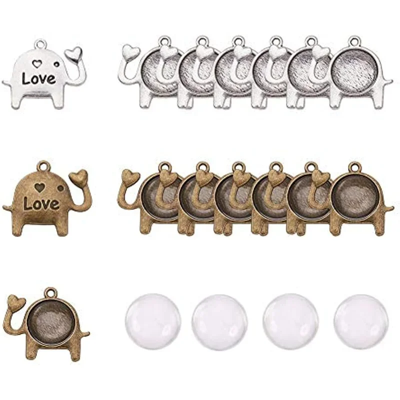 

30pcs Animal Elephant Pendant Charms Blank Trays Bezel 30pcs Glass Cabochon Dome Tiles Clear Cameo 30 Set Memorial Photo Pendant