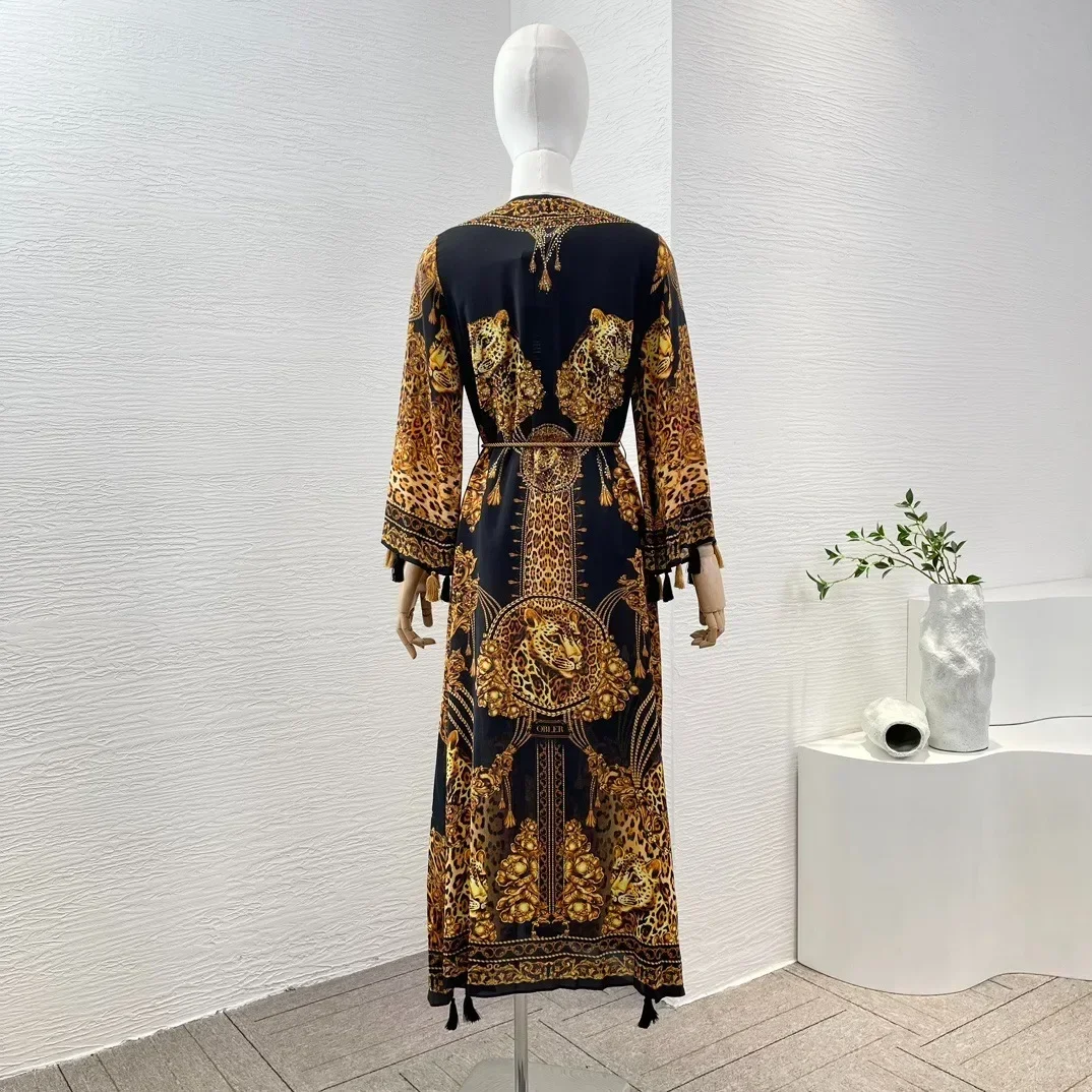 Silk Black Golden Leopard Tiger Animals Print Long Sleeve Tassels Diamonds Pressed V-Neck Side Slit Midi Dress 2024 New Clothing