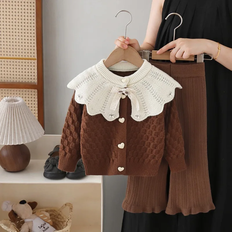Children's Sweater Jacket Large Lapel Cardigan 2026 Autumn New Little Girl Pants Two-piece Women's Knitted Suit