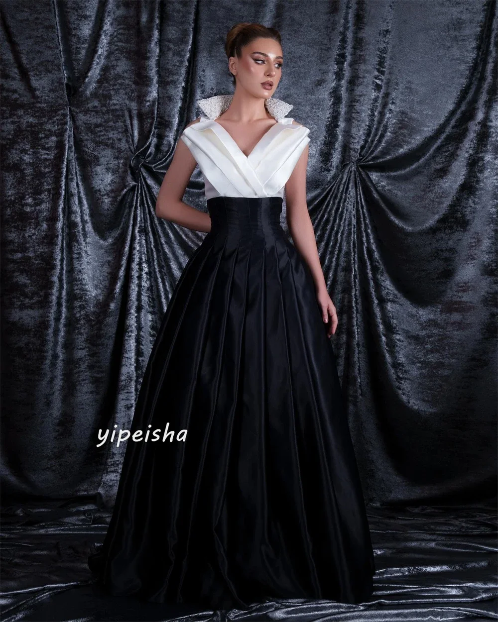 Abito da ballo personalizzato in raso con paillettes increspato a-line con scollo a V abito da occasione abiti lunghi da sera squisiti abiti da festa di alta qualità