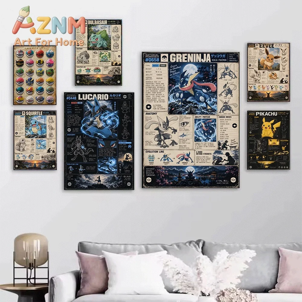 Vintage Pokedex Gengar Data Sheet Canvas Wall Art No Frame Anime Monster Character Print Poster for Kids Bedroom Living Room H