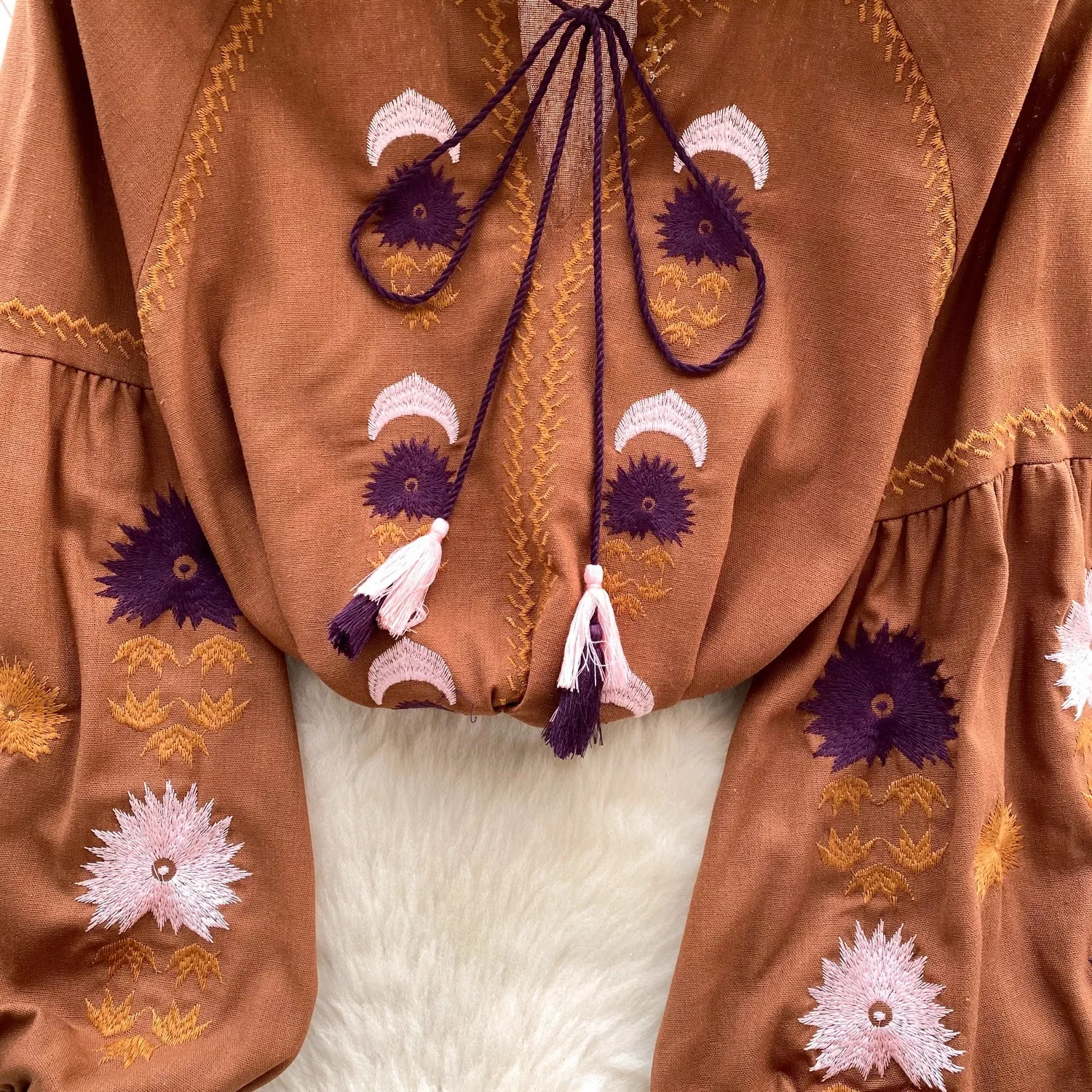 Retro Ethnic Style Long-sleeved Shirt Women's Blouse Bohemian Vacation Heavy Embroidery Loose Casual Beach Top Female Blusas