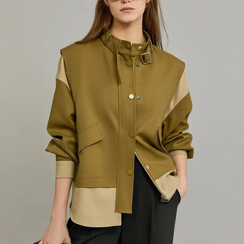 

LIBIELIY Spring Autumn Contrast Splicing Design Sense Short Women Jacket 2025New Fashion High-End Casual Single-Breasted Coat Fe