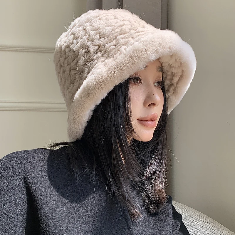 

Fashion Women's Winter Hats Luxury Real Rex Rabbit Fur Cap Knitted Fluffy Furry Rex Rabbit Fir Fisherman Hat Bucket Hats