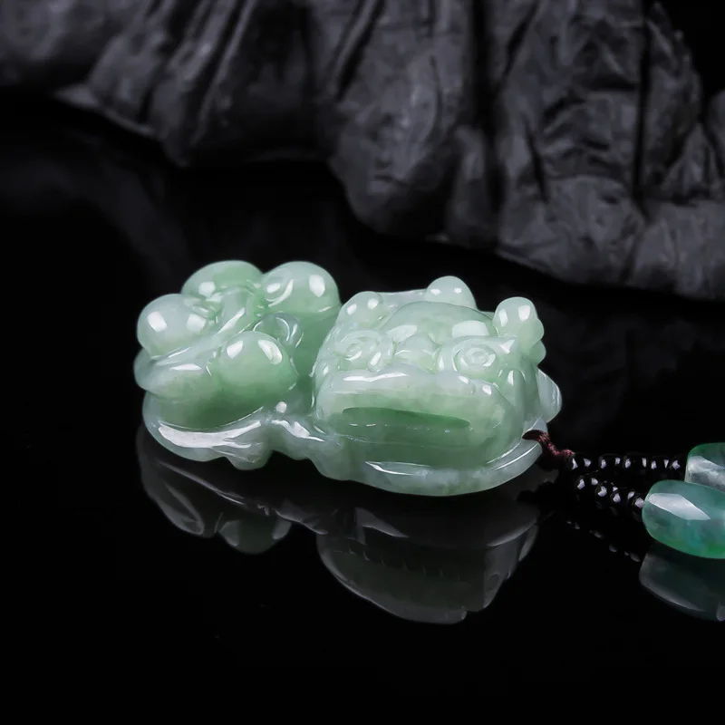 Jewelry: Natural Burmese A-grade jadeite Pixiu , light green white moonlight ice jade pendant