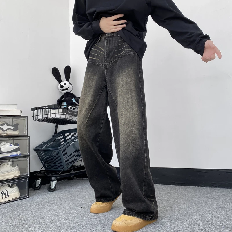 

Retro High Street Faded Grey Men's Jeans Trendy Loose Straight Leg mid Waist Slimming Long Trousers Casual Youth Style