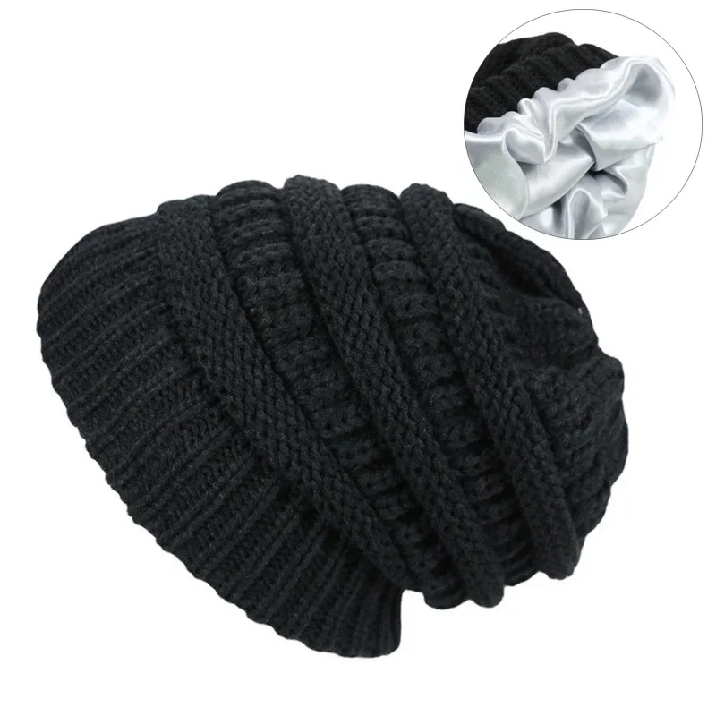 Women Satin Lined Winter Beanie Caps Striped Knit Hats Solid Color Silk Lining Thick Chunky Cap Soft Slouchy Warm Hat gorras