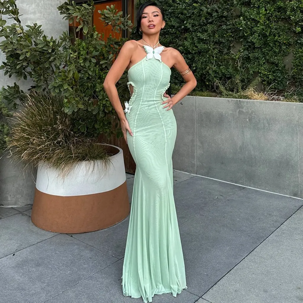 النمط الأوروبي والأمريكي فراشة الرقبة فستان مجوف عارية الذراعين التخسيس ذيل السمكة الخريف فساتين راقية المرأة الجديدة