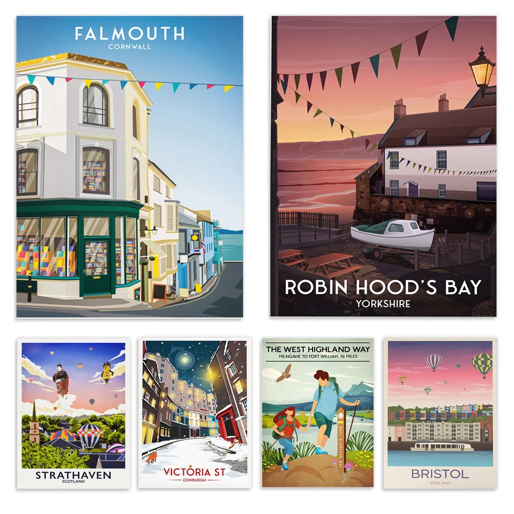 Cartazes de viagem de Robin Hood's Bay, Victoria Street, West Highland Way, Festival de Balões de Ar Quente de Bristol, Stratford-upon-Avon