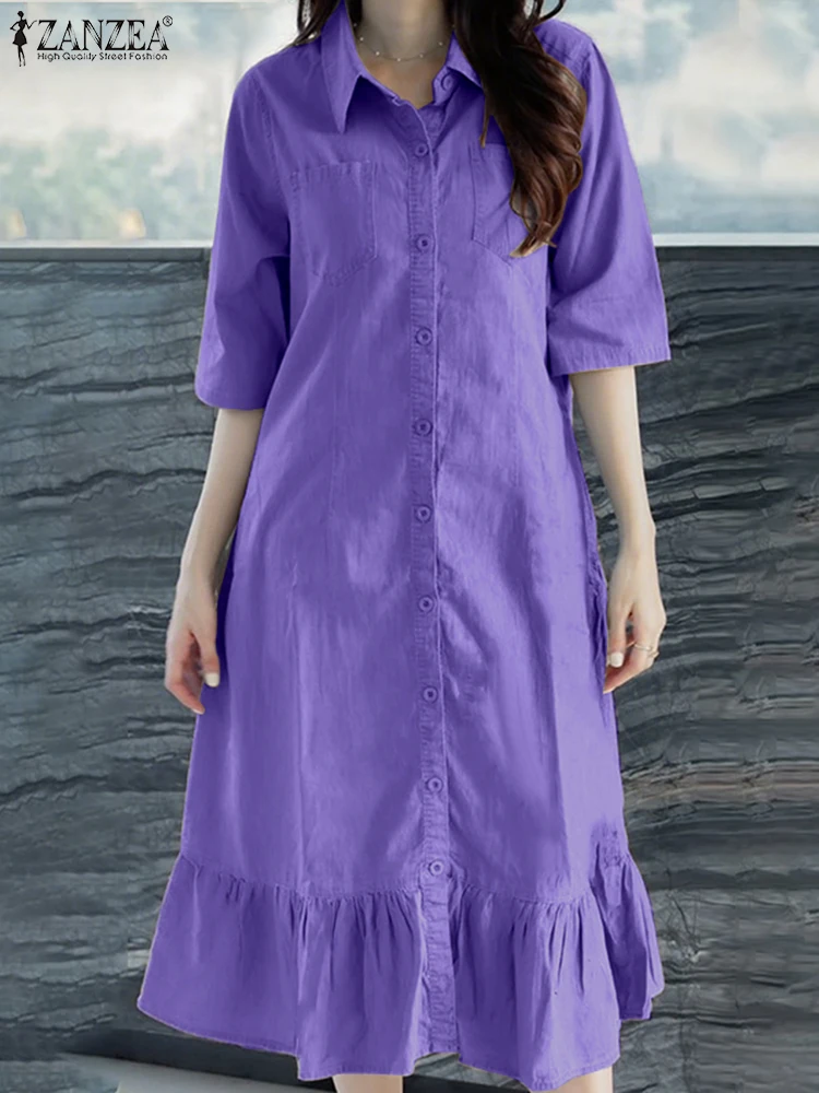 ชุดเดรสยาวทรงเสื้อเชิ้ตผู้หญิง ZANZEA ดีไซน์หรูหรา กระดุมแถวเดียว แฟชั่นจีบระบาย สีพื้น ความยาวปานกลาง รุ่น Vestidos ประจำปี 2025 สำหรับฤดูร้อน แขนสั้น แต่งระบาย