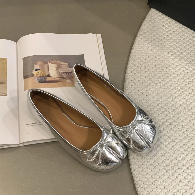 ربيع المرأة شقة سبليت تو أحذية مع القوس لينة الجلود ربطة القوس فيونكة الجبهة الضحلة الانزلاق على الفتيات تابي أحذية الشقق أحذية الباليه