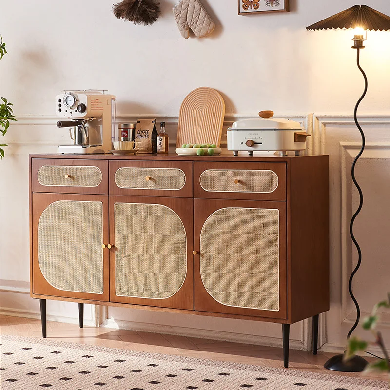 Nordic rattan solid wood dining side cabinet wabi-sabi wind household multi-function with drawers multi-function three-door