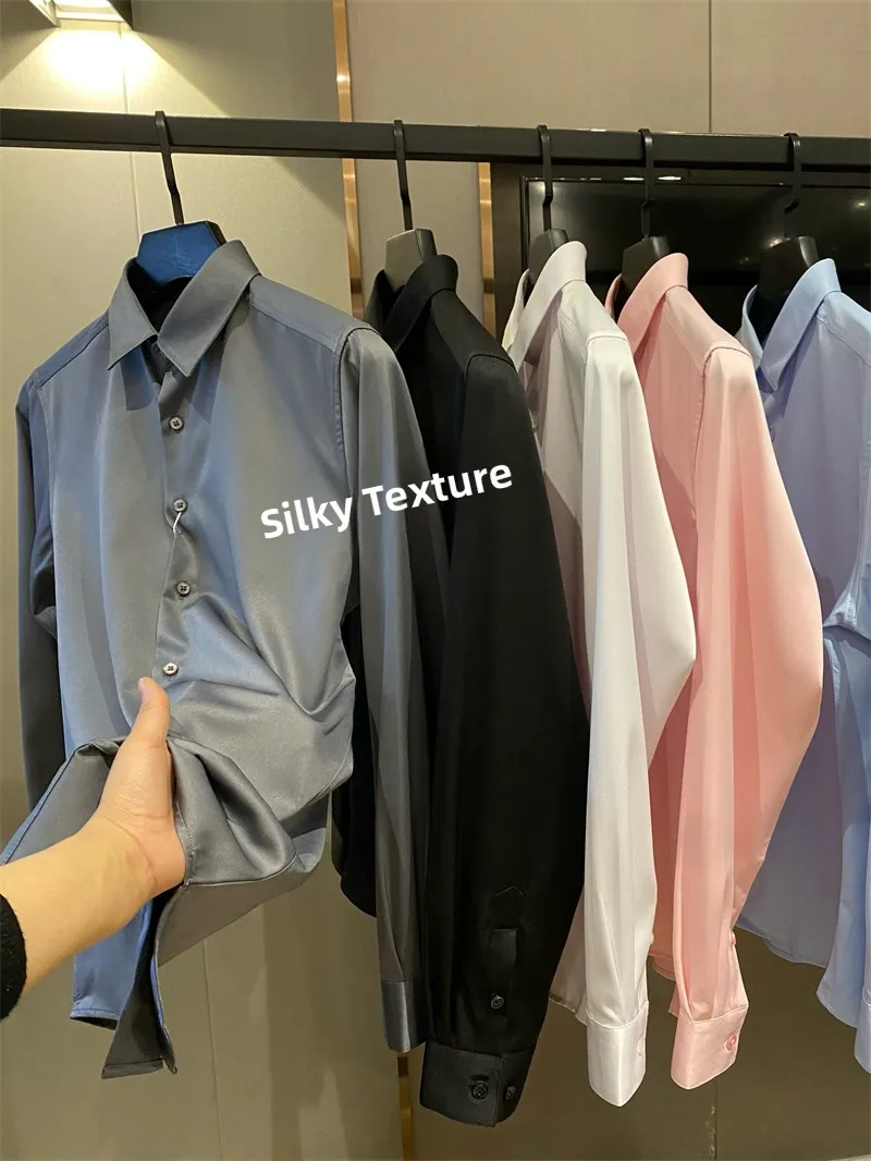 

Мужская шелковистая рубашка с длинным рукавом, струящаяся, повседневная, весенне-летняя, новая, из тканого материала, для делового стиля, для джентльменов, для поездок на работу