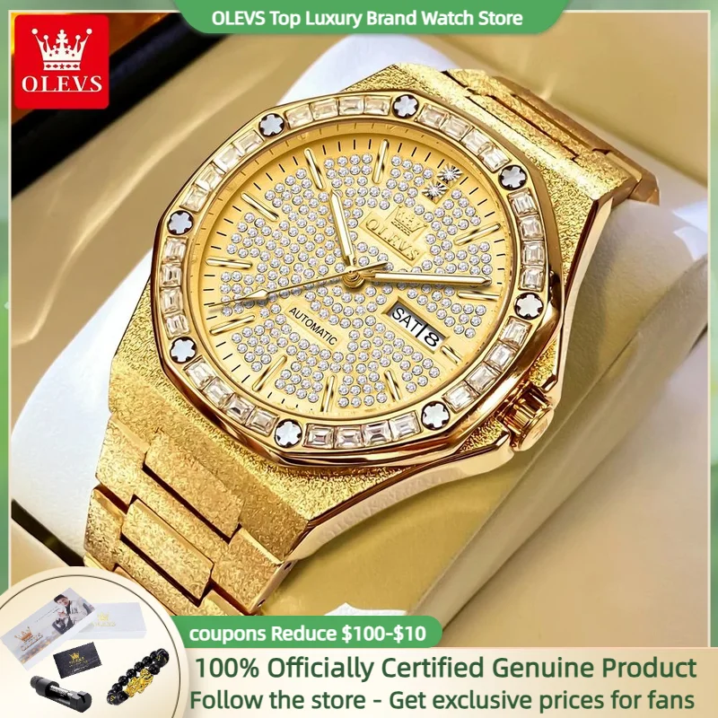 Olevs-男性用自動機械式時計,完全なダイヤモンド,中空フライホイール,カレンダー,週と月の満ち欠け,高級ビジネス時計,9803