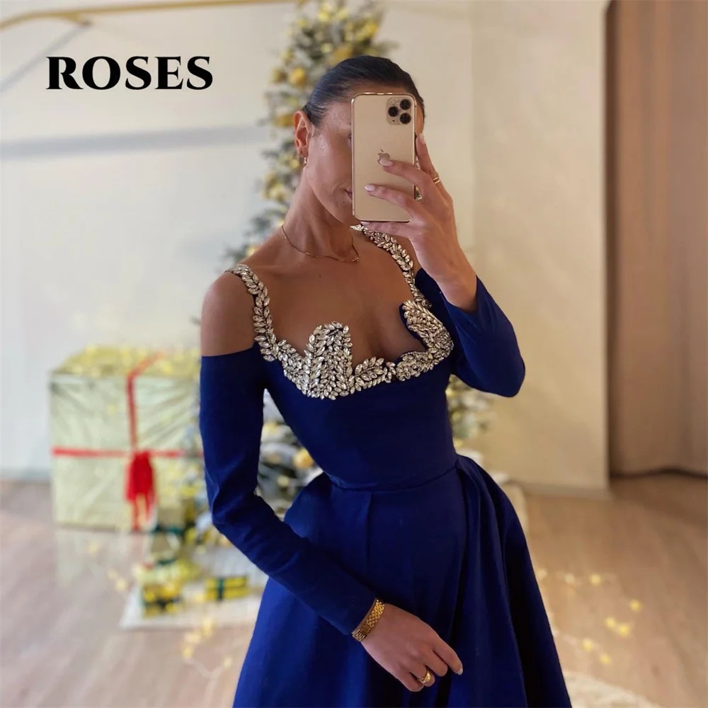 Rosen Spaghetti träger Marineblau Ballkleid eine Linie voller Ärmel Promi-Kleid Frauen Abendkleid Pailletten Abendkleid