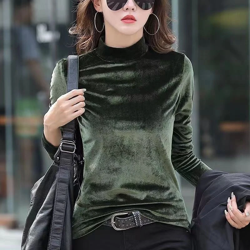 Gold Velvet T Shirts Autumn Winter Long Sleeve Solid Slim Embroidery Letter All-match Vintage Tops Elegant Fashion Women Clothes