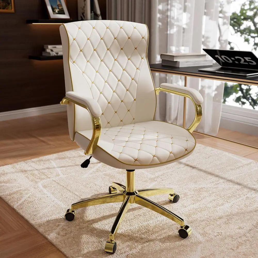 

Elegant White and Gold Swivel Office Chair with Soft Leather Embroidery, Vintage Style, Padded Arms, Adjustable Height and Wheel
