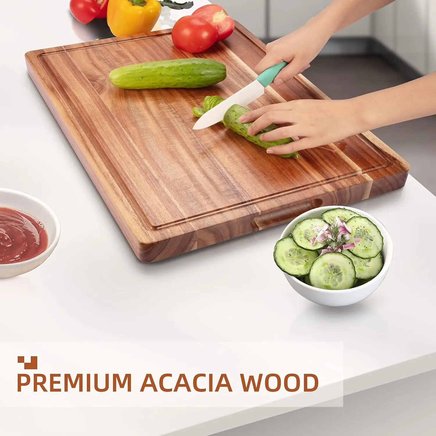 Acacia Wooden Cutting Board For Kitchen Thick Chopping Board With Side Handles & Water Grooves, Butcher Block Cutting Board