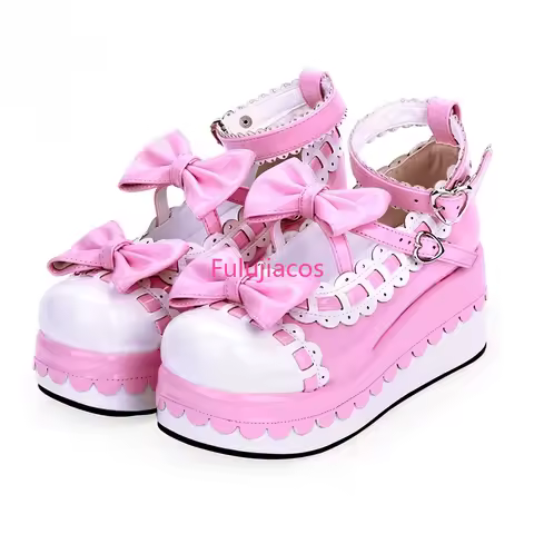 Female Japan Anime Maid Cosplay Lolita Shoes Spring Women Wedges Sandals High Heels Leather Princess Platform Shoes Plus Size