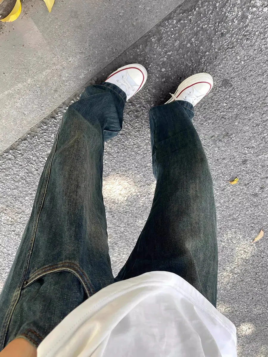 Retro Blue Men's Jeans High Waist Cuffed Bell Bottoms Vintage Straight Leg Trousers American Style Summer Fashion Streetwear