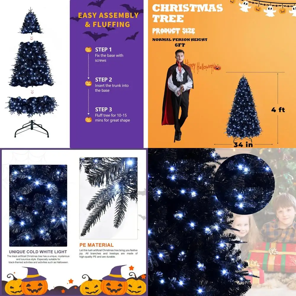 

4-Foot Pre-Lit Black Christmas Tree with 150 Lights, Artificial Tree with 666 PE & PVC Branch Tips for Holiday and Halloween Dec