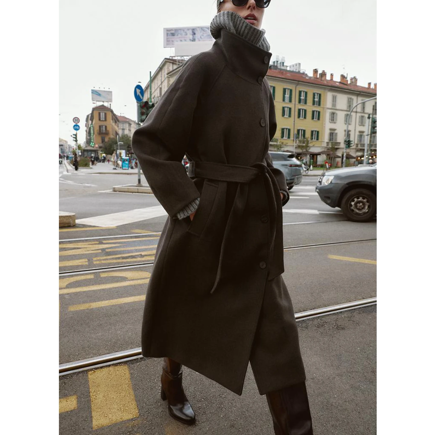 Autumn Winter Women's Briti Sle Coat Soft Long Sve Stand Collar with Belt ket Trim Polyester Fiber 00%