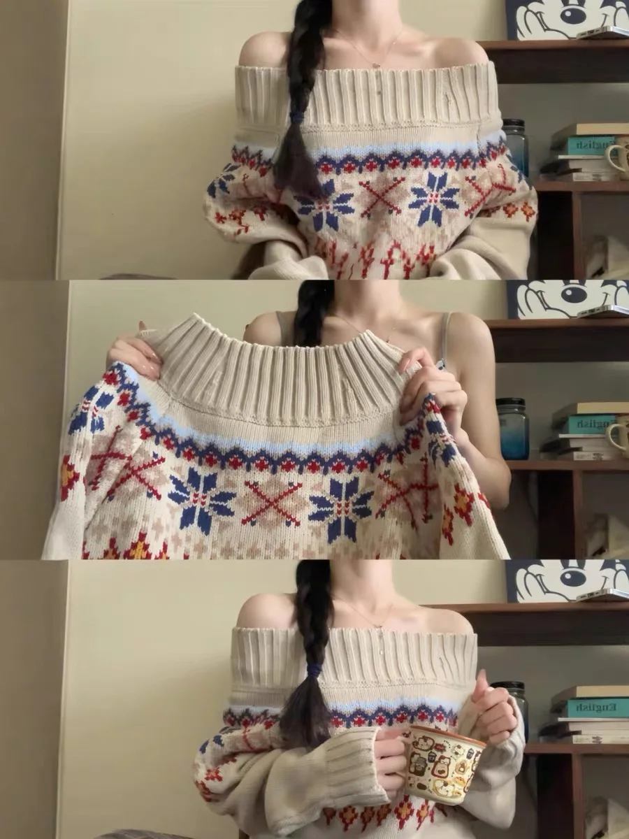 

Korean Sle Fair Isle Knit oulder Sweater Women's Long Sve Soft Cozy Autumn Winter Faion Casual Loose Fit Top
