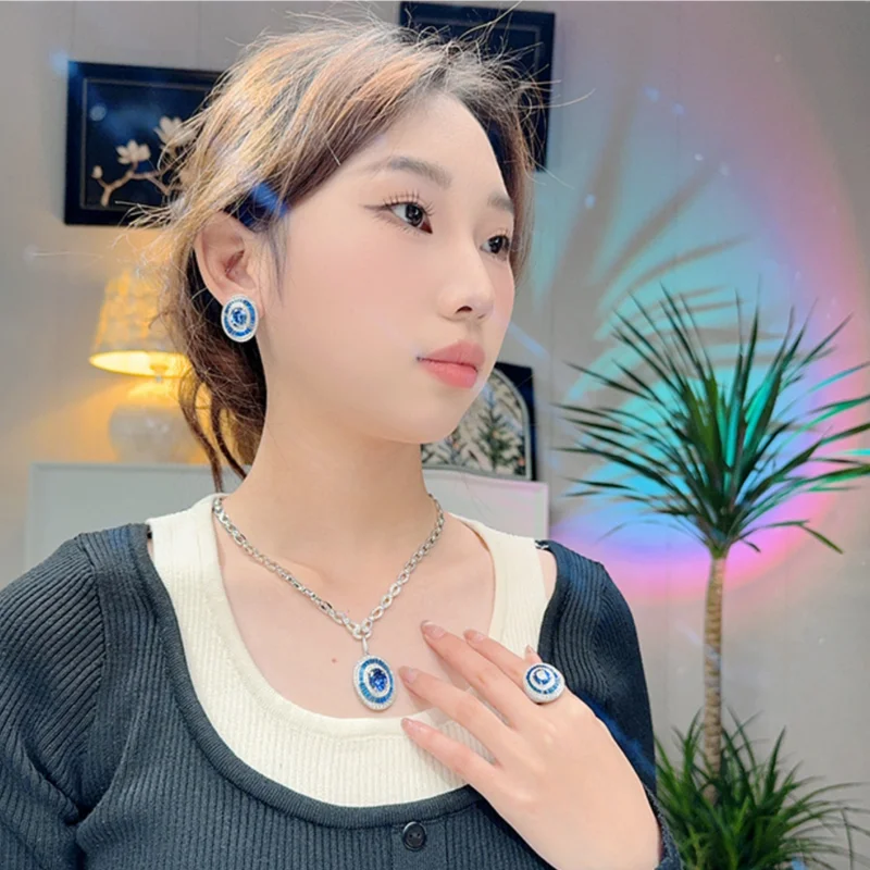 Elegant Style Ring Earrings Necklace Women Inlay Cubic Zircon Synthetic Tanzanite Oval Pendant Fine Dinner Party Jewelry Sets