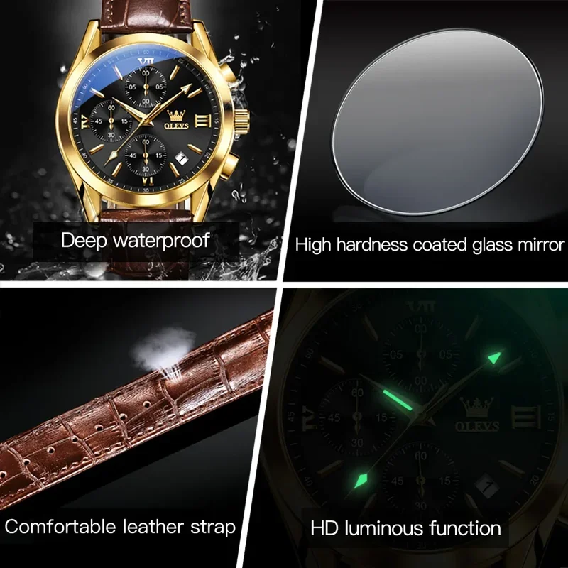 Olevs 2872 quartz multifunctional exquisite men wristwatches, Pu strap Sport waterproof watches men luminous Chronograph