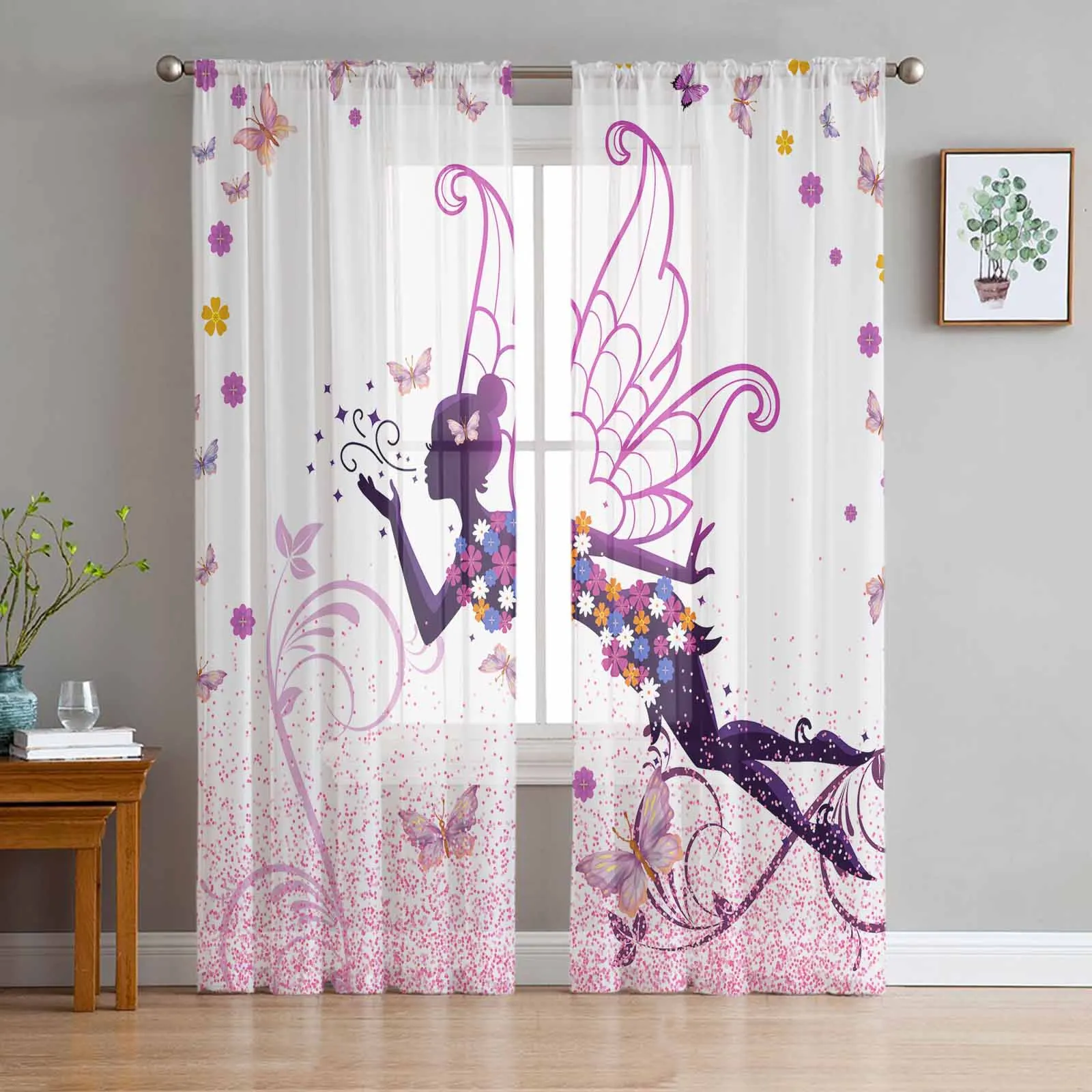 Fairy Elf Sparkling Pink Butterfly Flower Pink Sheer Curtains for Bedroom Living Room Voile Window Curtains Tulle Drapes