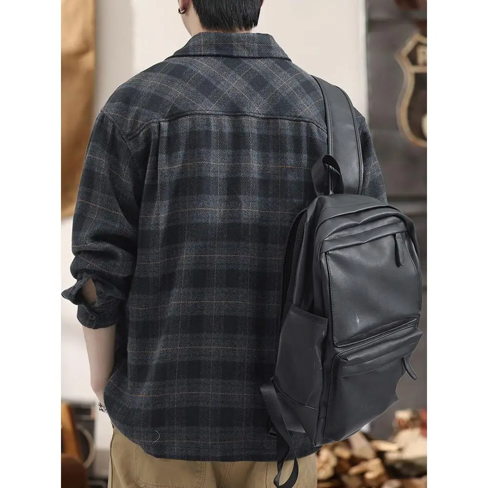 Premium Plaid Casual Shirt Men's Loose Thickened Spring Autumn Versatile Men's Top Quality Polyester Fiber Easy Care Shirt