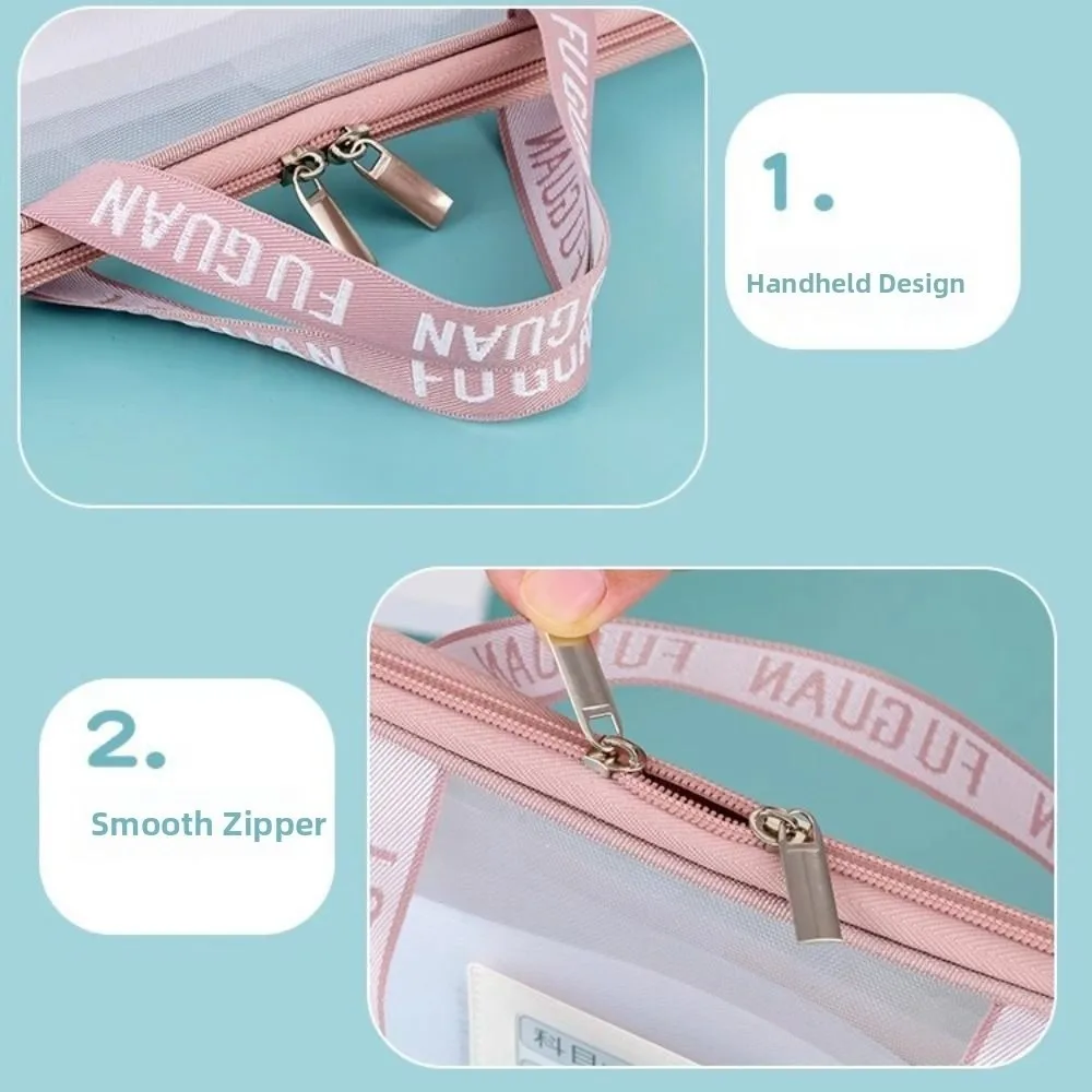 New A4 Mesh Zippered File Bag Large Capacity 13-Grid Student Book Storage Bag Transparent Hand Storage Bag Stationery Storage