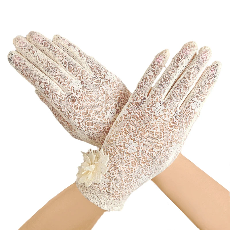 Summer Sun UV Protection Anti-slip Lace Large Floral Pearls Elegant Driving Women Gloves Outdoor Breathable Lady Mittens Nv09