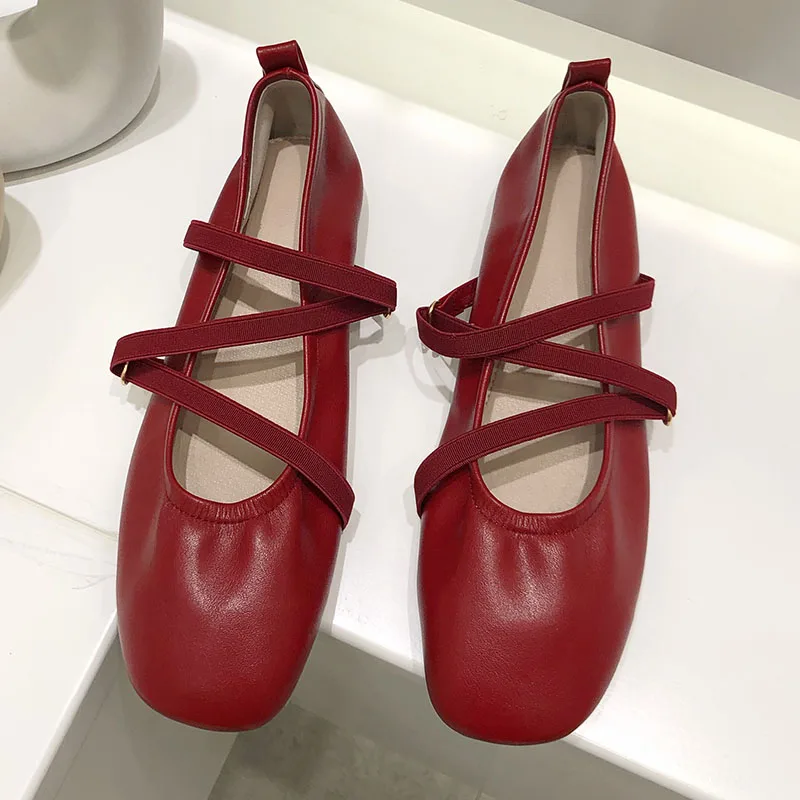 2024 Summer Red Brown New Women Flat Shoes Fashion Round Toe Shallow Slip On Ladies Elegant Mary Jane Shoes Casual Soft Ballerin