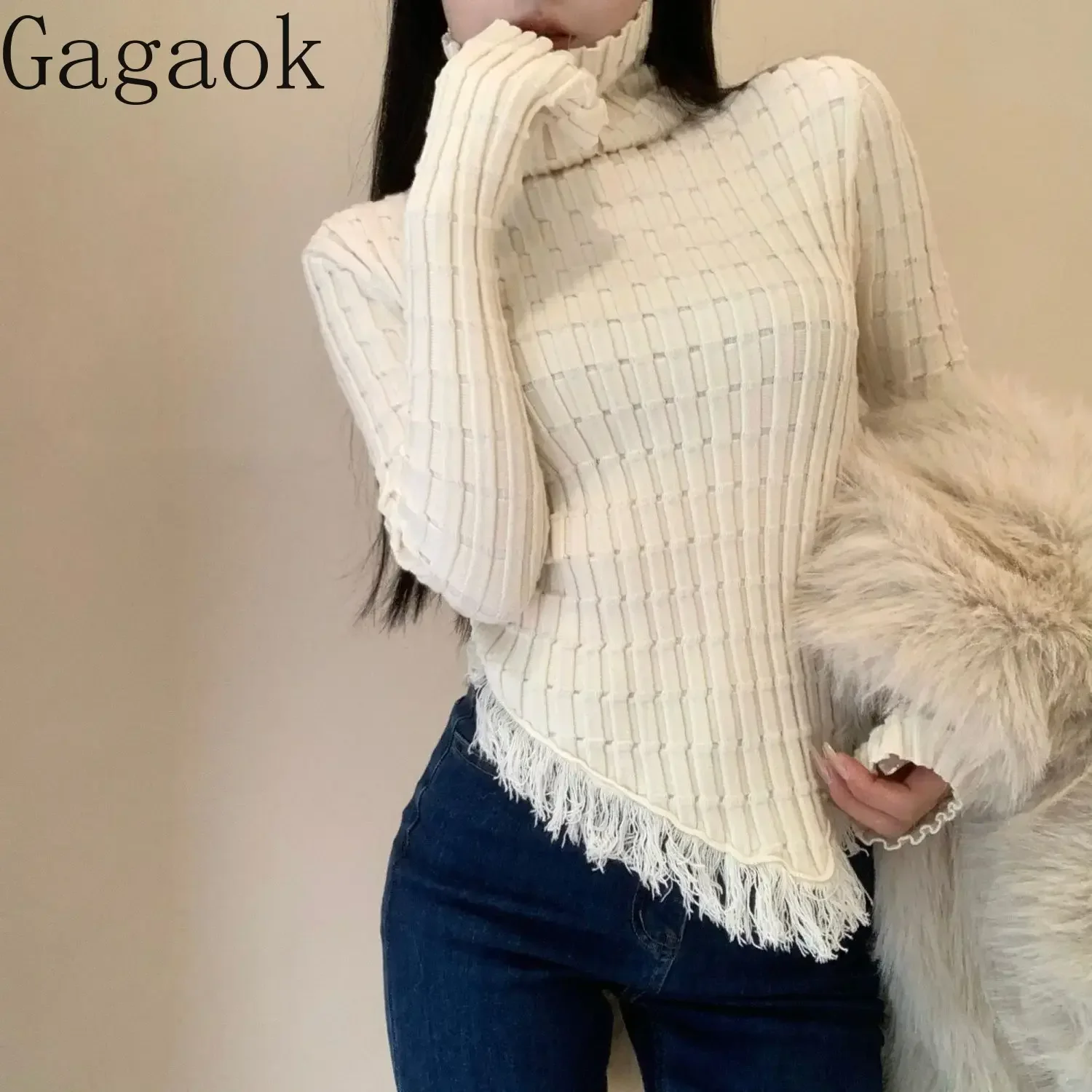 Gagaok Irregular Tassel High Neck Knitted Sweater Women Autumn Winter Temperament Slim Long Sleeve Top Gentle Base Pull Femme