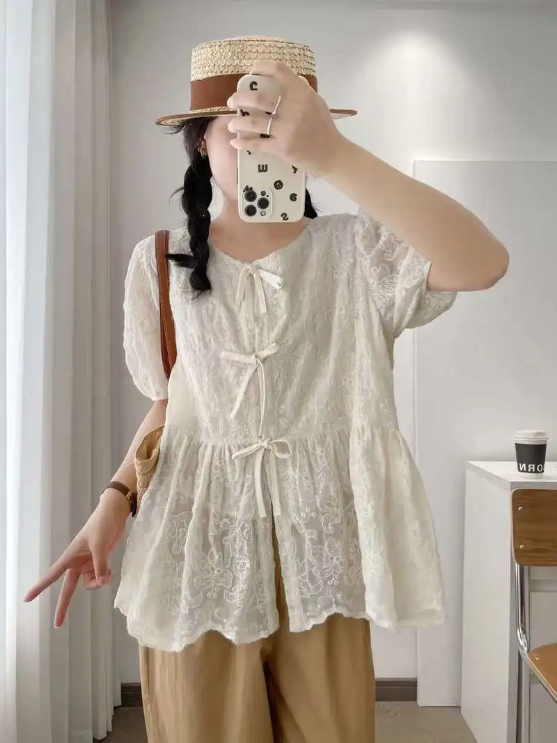 

Mori kei clothing Japanese style short sleeve lace-up embroider shirts and blouses for women cotton summer tops cardigan