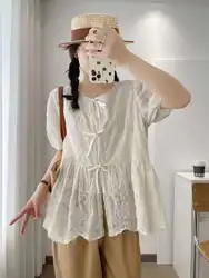 Mori kei clothing Japanese style short sleeve lace-up embroider shirts and blouses for women cotton summer tops cardigan