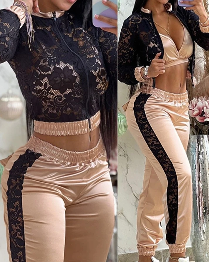 Elegant 3-Piece Set for Women\'s Sexy Autumn V-Neck Camisole Top with Lace Patchwork Tight Pants and Lace Long Sleeved Jacket Set