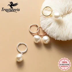 TrustDavis Real 925 Sterling Silver Earring Luxury Sweet Pearl Hoop Earring For Women Wedding Party Jewelry Gift DB1343